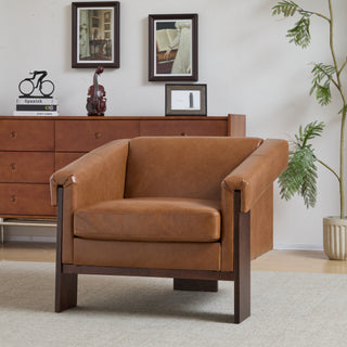 34" Mid-Century Modern Accent Chair with Brown Faux Leather, Deep Cushions, and Wide Armrests – Perfect for Living Room, Bedroom, or Office