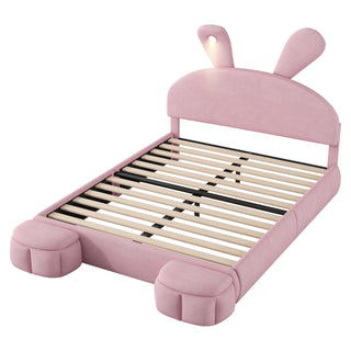 Full Size Upholstered Platform Bed with Cartoon Ears Shaped Headboard and Light, Pink