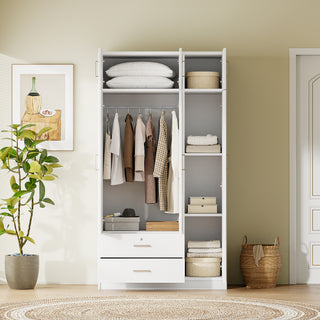 3-Door Mirror Wardrobe with 2 Drawers and Top Cabinet, White