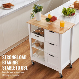 Rolling Small Kitchen Island Cart with Solid Wood Top, Mobile Utility Cart on Wheels with 3 Drawers and Storage Shelves, White Dining Room Serving Cabinet