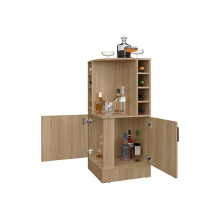 Fm Furniture Toyei Corner Bar Cabinet with Bottle Rack, Open Shelves, and Hidden Storage, Natural Oak