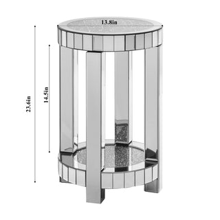 Mirror round table with crystal inlay, 2-layer modern small sofa table with storage space, silver decorative table suitable for living room, bedroom, coffee and small spaces