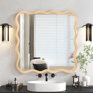 Solid Wood Wavy Square Mirror-Natural Wood 36" x 36" Modern Mirror Wall Decor for Bathroom, Bedroom, Living Room, Dining Room, Cloakroom, Entryway