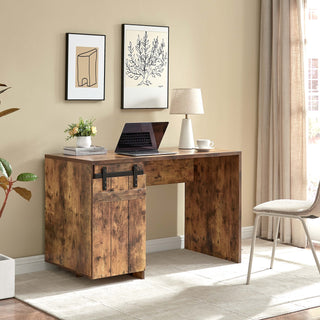 Home Office Desk Distressed Wood One Cabinet Three Shelves Faux Barn Door on Metal Euro Hinges Modesty Panel