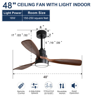 48 Inch Wood Ceiling Fan With 3 Solid Wood Blades Remote Control Reversible DC Motor For Living Room