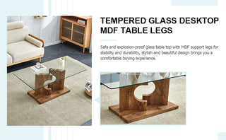 A rectangular modern and fashionable coffee table with tempered glass tabletop and wooden color MDF legs. Suitable for living room.47.2"*25.5"*18"