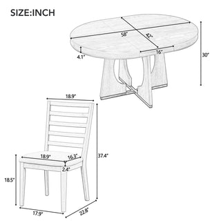 TREXM 5-Piece Retro Rustic Functional Dining Set – 1 Extendable Table with 16-Inch Leaf and 4 Upholstered Chairs, Unique Geometric Design, Ideal for Dining Room and Kitchen (Natural)