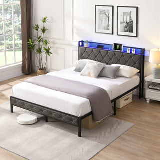 Full Bed Frame with  Storage Headboard, Charging Station and LED Lights, Upholstered Platform Bed with Heavy Metal Slats, No Box Spring Needed, Noise Free, Easy Assembly, Dark Gray