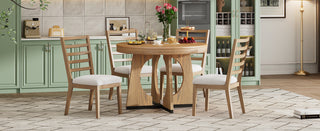 TREXM 5-Piece Retro Rustic Functional Dining Set – 1 Extendable Table with 16-Inch Leaf and 4 Upholstered Chairs, Unique Geometric Design, Ideal for Dining Room and Kitchen (Natural)