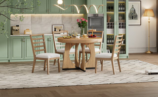 TREXM 5-Piece Retro Rustic Functional Dining Set – 1 Extendable Table with 16-Inch Leaf and 4 Upholstered Chairs, Unique Geometric Design, Ideal for Dining Room and Kitchen (Natural)