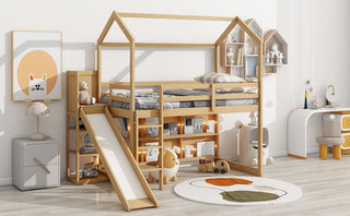 Twin Size Wood House Loft bed with Slide, Storage shelves and Light, Climbing Ramp, Wood Color