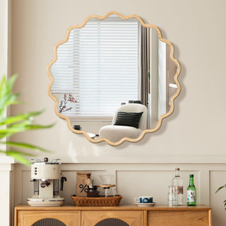 Solid Wood Wavy Mirror-Natural-Wood Vanity Mirror Wall Decor 42" x 42" Modern Mirror Wall Decor for Bathroom, Bedroom, Living Room, Dining Room, Cloakroom, Entryway