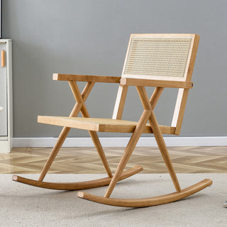 Solid Wood and Imitation Rattan Rocking Chair for Indoor and Outdoor Relaxation, Perfect for Balconies, Gardens, and Camping Sites