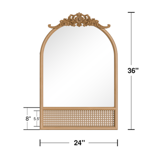 36"*24"Solid wood carved rattan right-angled arched brown wall mirror Decorative Bathroom Mirror with Elegant Scalloped Design