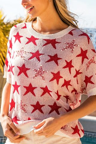 BiBi Star Pattern Round Neck Short Sleeve Knit Top for Women