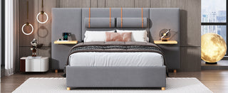 Full size upholstered platform bed with two outlets and USB charging ports on both sides, two bedside pillows, storage shelf, Velvet,Gray