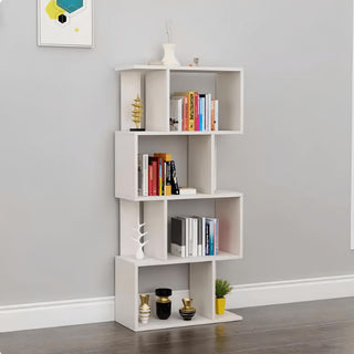 DFW 4-Tier Storage Shelf S-Shaped Bookcase – Multifunctional Wooden Display Rack, Free Standing Industrial Storage for Living Room, Bedroom, Office (White)