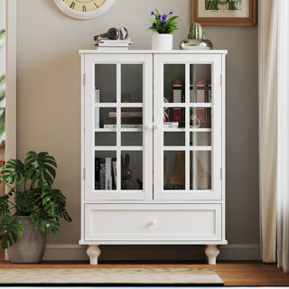 Minimalist White Buffet Cabinet with Double Glass Doors and Drawer, Modern Wooden Storage Sideboard Cupboard for Living Room, Dining Room, Hallway, Entryway