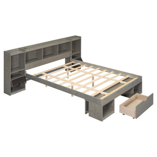 Queen Size Wood Platform Bed with Multi-storage Headboard and a Drawer, Gray