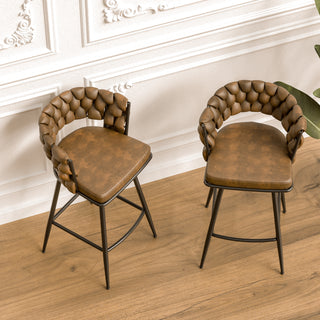 28" Technical Leather Woven Bar Stool Set of 2,Black legs Barstools No Adjustable Kitchen Island Chairs,360 Swivel Bar Stools Upholstered Bar Chair Counter Stool Arm Chairs with Back Footrest (Brown)