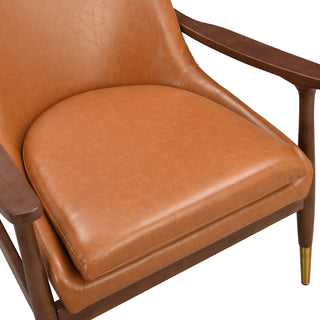 29.2'' Mid-Century Faux Leather Accent Chair with Cushioned Seat, Solid Wood Frame, and Brass-Tipped Legs – Ideal for Living Room, Bedroom, or Office Lounge