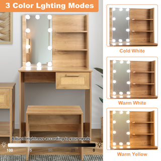 Vanity Desk Set Stool & Dressing Table with LED Lighting Mirror Drawer and Compartments Modern Wood Cosmetic Table Chest of Drawers Nature Color