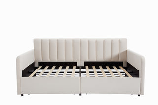 Elevate your living space with the Flora Upholstered Daybed, a stunning blend of modern luxury and functionality. This twin-size daybed is crafted with soft ivory velvet upholstery, offering a lavish, sophisticated look that enhances any room. The ribbed tufted backrest adds an extra layer of elegance, making it the perfect piece for a guest room, living room, or home office.

With the added convenience of 2 built-in drawers, this daybed offers hidden storage to help you keep your space organized. Whether y