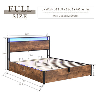 Lift-Up Storage Bed Frame, Full Size with Bookcase Headboard and LED Lights, Wooden Platform Bed Frame with Charging Station, Rustic Brown