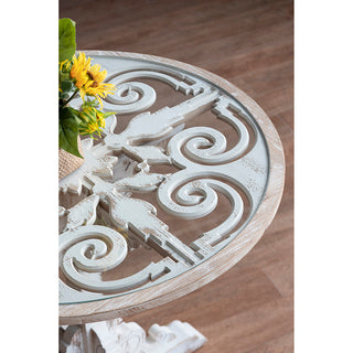 24x28.5" Round Wooden Carved Table, Distressed White Finish Design