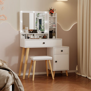 Dressing Table with Hollywood LED Mirror – Light Adjustable Brightness, White Wooden Cosmetic Table with Drawer and Storage Cabinet, Padded Stool Set