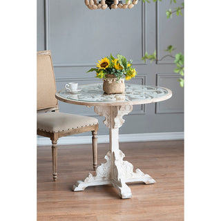 24x28.5" Round Wooden Carved Table, Distressed White Finish Design