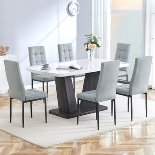 Modern Dining Table Set for 6, 7 Piece Dining Set, 63" Rectangle Kitchen Table with 6 Upholstered Chairs, 1.8" Thickness Tabletop and V-shaped Table Legs, White Faux Marble Dining Set for Kitchen Room