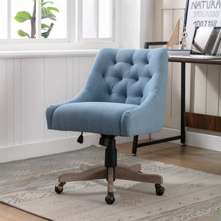 COOLMORE Office Chair Adjustable Height Swivel Chair with Wheels Linen Fabric Upholstered Computer Desk Chair with Wooden Legs (Navy Linen)