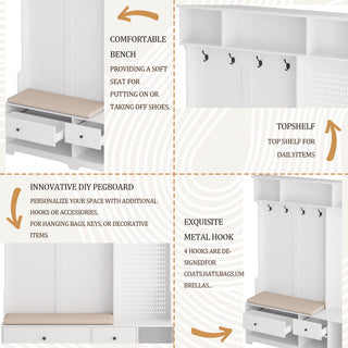 Multi-purpose Hall Tree with Removable Linen Cushioned Bench, Coat Rack, Storage Shelves and DIY Pegboard, White Entryway Organizer for Hallways and Living Room