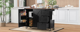 K&K 54.5" Farmhouse Kitchen Island with Power Outlet, Internal Storage Rack, Drop Leaf, Spice Rack, Rolling Cart on Wheels, for Kitchen, Dining Room, Black