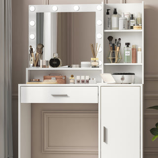 Vanity Desk with Mirror & Light, Large Drawer Three Level Storage Dresser, 3 Lighting Modes Adjustable Brightness, Bedroom Dressing Table (White)