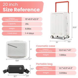 20-Inch Aluminum Frame Carry-On Luggage, PC Hard Shell Suitcase with Front Open, Bounce Wide Handle Pull Rod, 360° Double Wheels, TSA Lock, Airline Approved for Business Travel