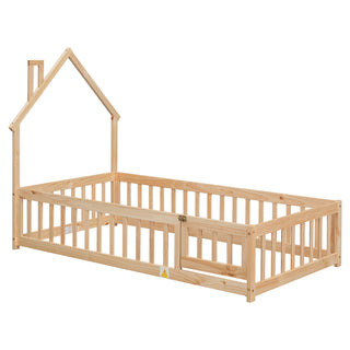 Twin House-Shaped Headboard Floor Bed with Fence – Natural Wooden Bed Frame