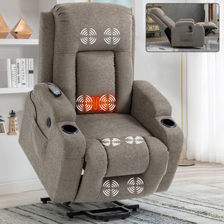 Infinite Position Single Motor Up to 350 LBS Power Lift Recliner Chair for Elderly, Heavy Duty Motion Mechanism with 8-Point Vibration Massage and Lumbar Heating, USB Charging Port, Cup Holders, Brown