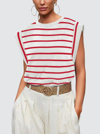 Striped Round Neck Cap Sleeve T-Shirt for Women