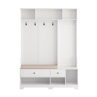 Multi-purpose Hall Tree with Removable Linen Cushioned Bench, Coat Rack, Storage Shelves and DIY Pegboard, White Entryway Organizer for Hallways and Living Room