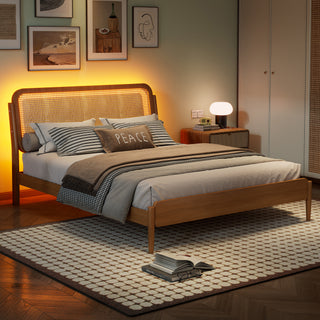 Queen Size Wood Storage Platform Bed with LED Light, Rattan Headboard, Nature