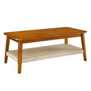 47.25" Mid-Century Coffee Table with Woven Shelf – Boho Rattan Storage Coffee Table, Farmhouse Wood Low Rectangle Tea Table for Living Room, Bedroom, Patio, Home Office