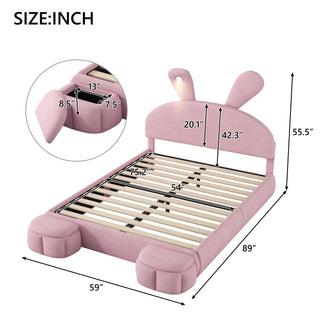 Full Size Upholstered Platform Bed with Cartoon Ears Shaped Headboard and Light, Pink