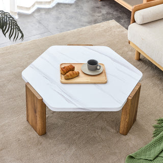 Modern MDF Coffee Table with White Top and Wood Texture MDF Legs, Hexagonal Design for Living Room and Guest Room