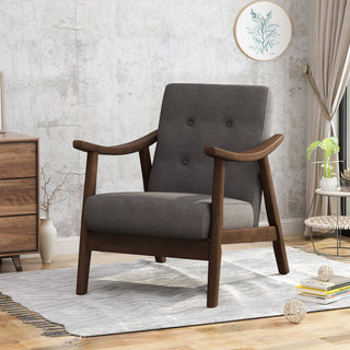 Mid-Century Modern Accent Chair, Tufted Armchair with Dark Gray Upholstery and Brown Frame, 1-Piece