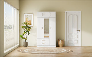 3-Door Mirror Wardrobe with 2 Drawers and Top Cabinet, White