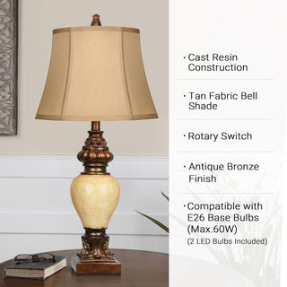 28" High Traditional Table Lamp Set of 2, Vintage Bronze Bedside Lamps with Faux Silk Bell Shades, Rustic Farmhouse Nightstand Lamp for Living Room, Bedroom, Office, Home Decor