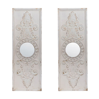 Set of 2 Large Wooden Wall Art Panels with Distressed White Finish and Round Mirror Accents,17' x 48'