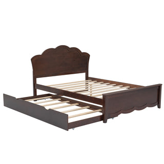 Full Size Wood Platform Bed with Headboard and Twin Size Trundle, Cappuccino